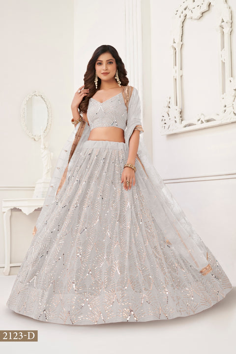 Off White Butterfly Net Lehenga with Tone-to-Tone Thread Work and Mirror Embroidery ClothsVilla Main image