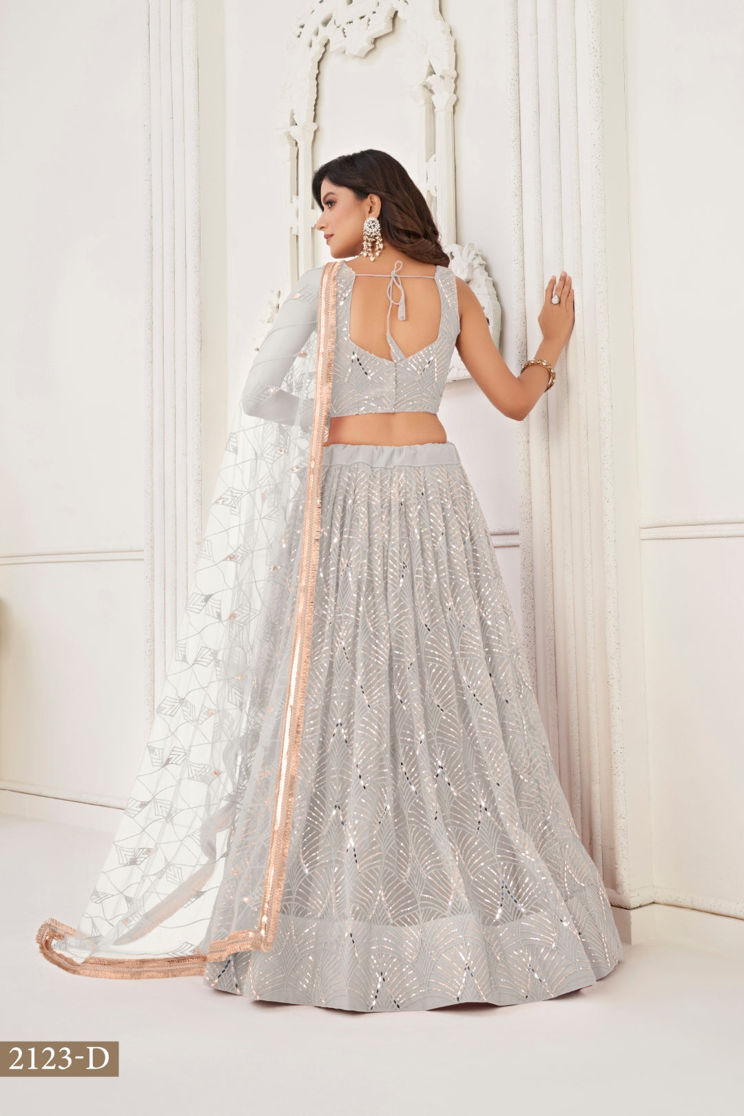 Off White Butterfly Net Lehenga with Tone-to-Tone Thread Work and Mirror Embroidery ClothsVilla