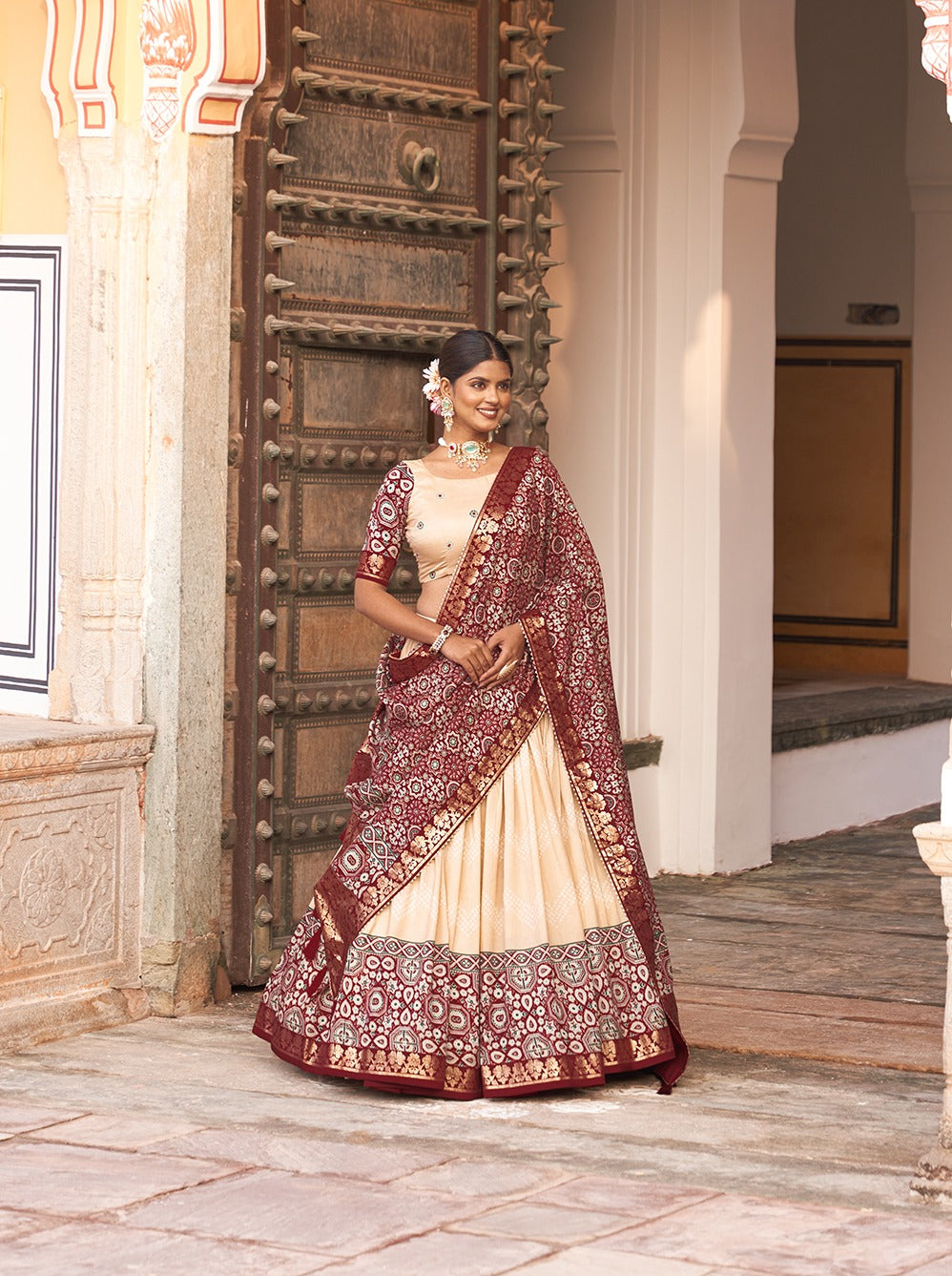 Off White Color Tussar Silk Lehenga Choli with Ajarakh Prints ClothsVilla