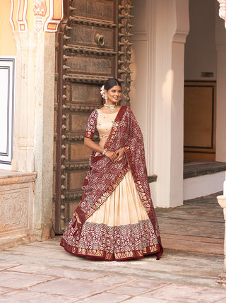 Off White Color Tussar Silk Lehenga Choli with Ajarakh Prints ClothsVilla