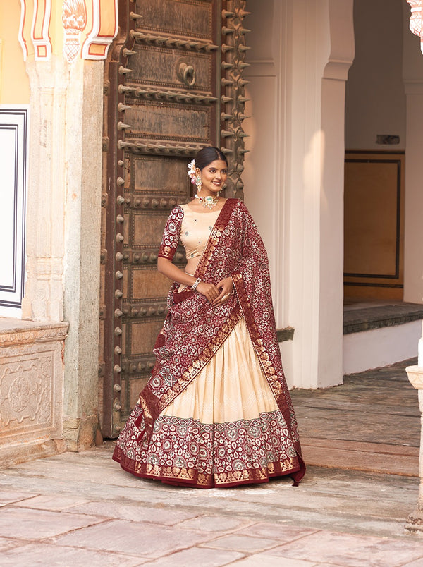 Off White Color Tussar Silk Lehenga Choli with Ajarakh Prints ClothsVilla