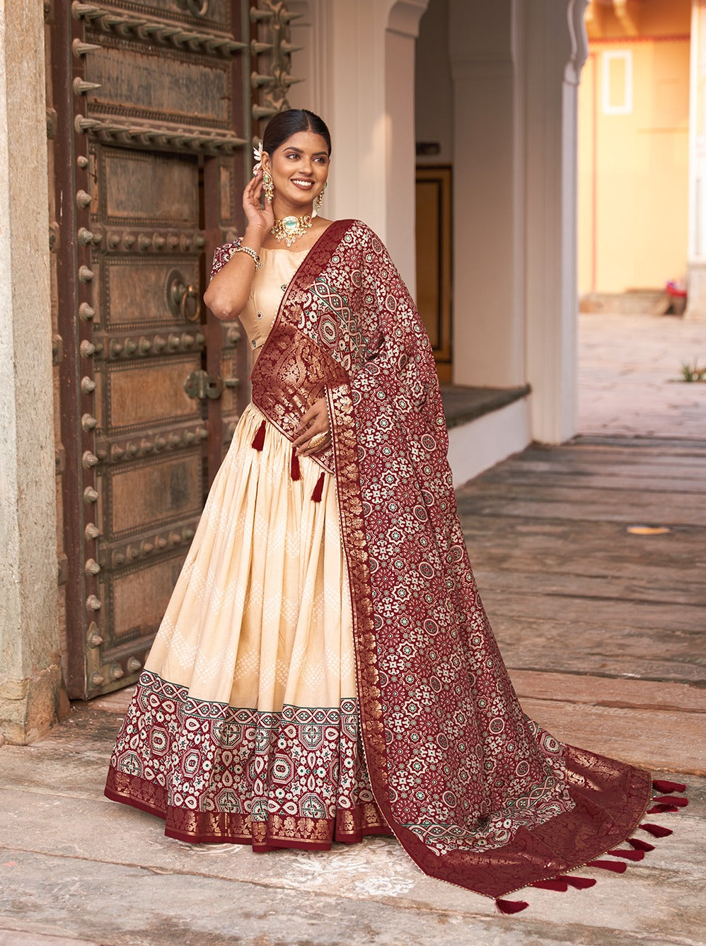Off White Color Tussar Silk Lehenga Choli with Ajarakh Prints ClothsVilla