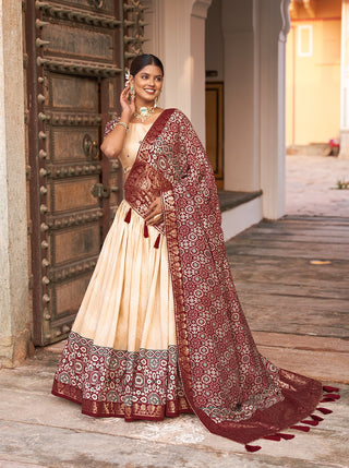 Off White Color Tussar Silk Lehenga Choli with Ajarakh Prints ClothsVilla
