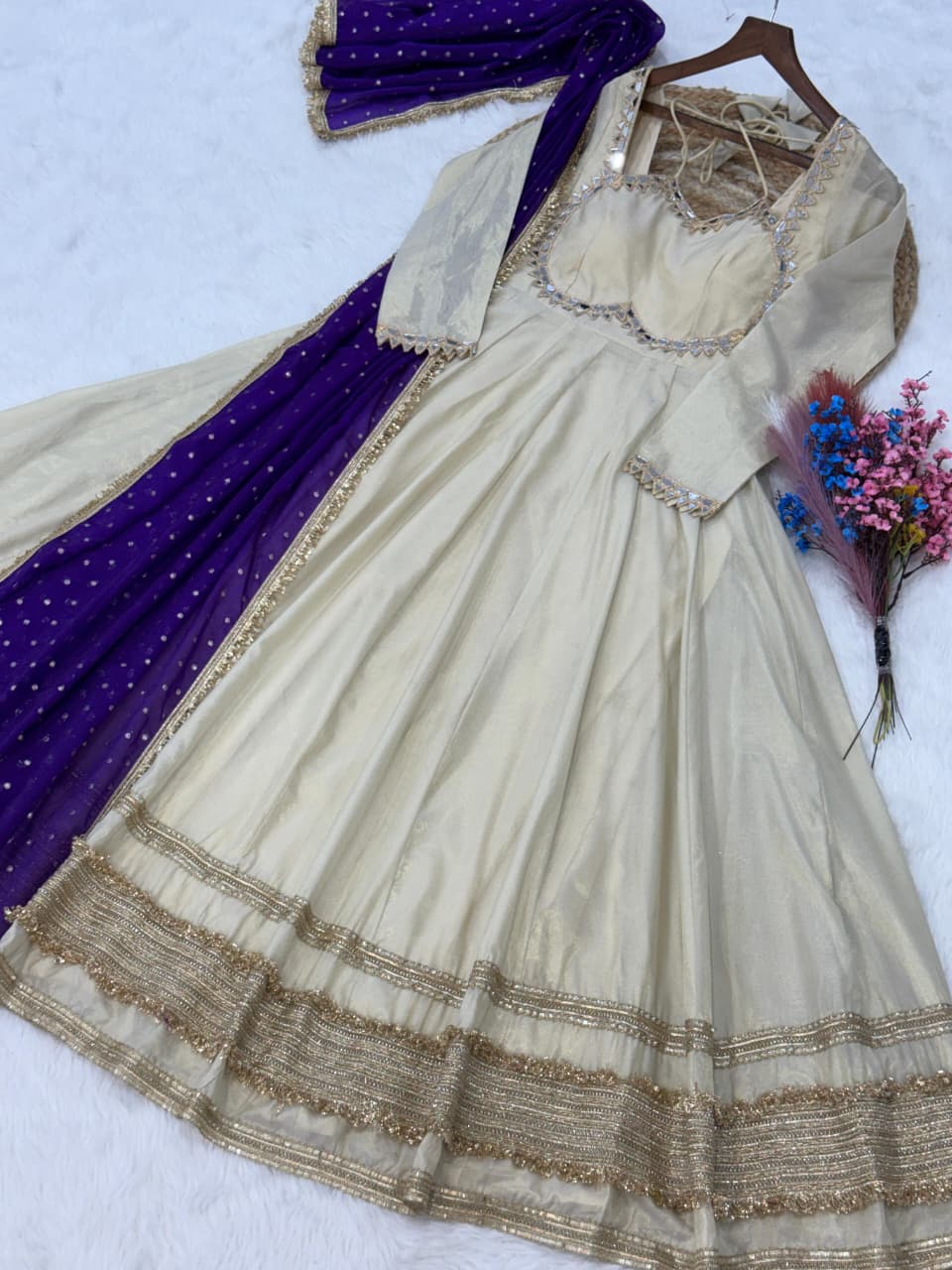 Off White Designer Mirror Work Gown ClothsVilla