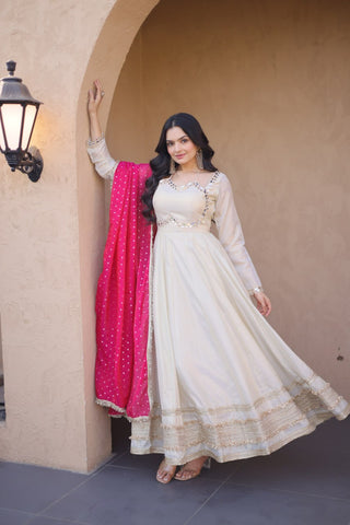 Off White Designer Mirror Work Gown ClothsVilla