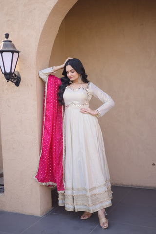Off White Designer Mirror Work Gown ClothsVilla