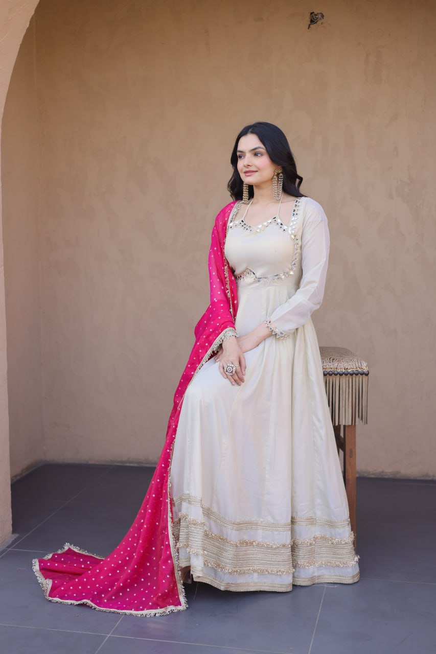 Off White Designer Mirror Work Gown ClothsVilla