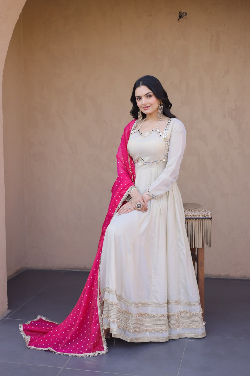 Off White Designer Mirror Work Gown ClothsVilla
