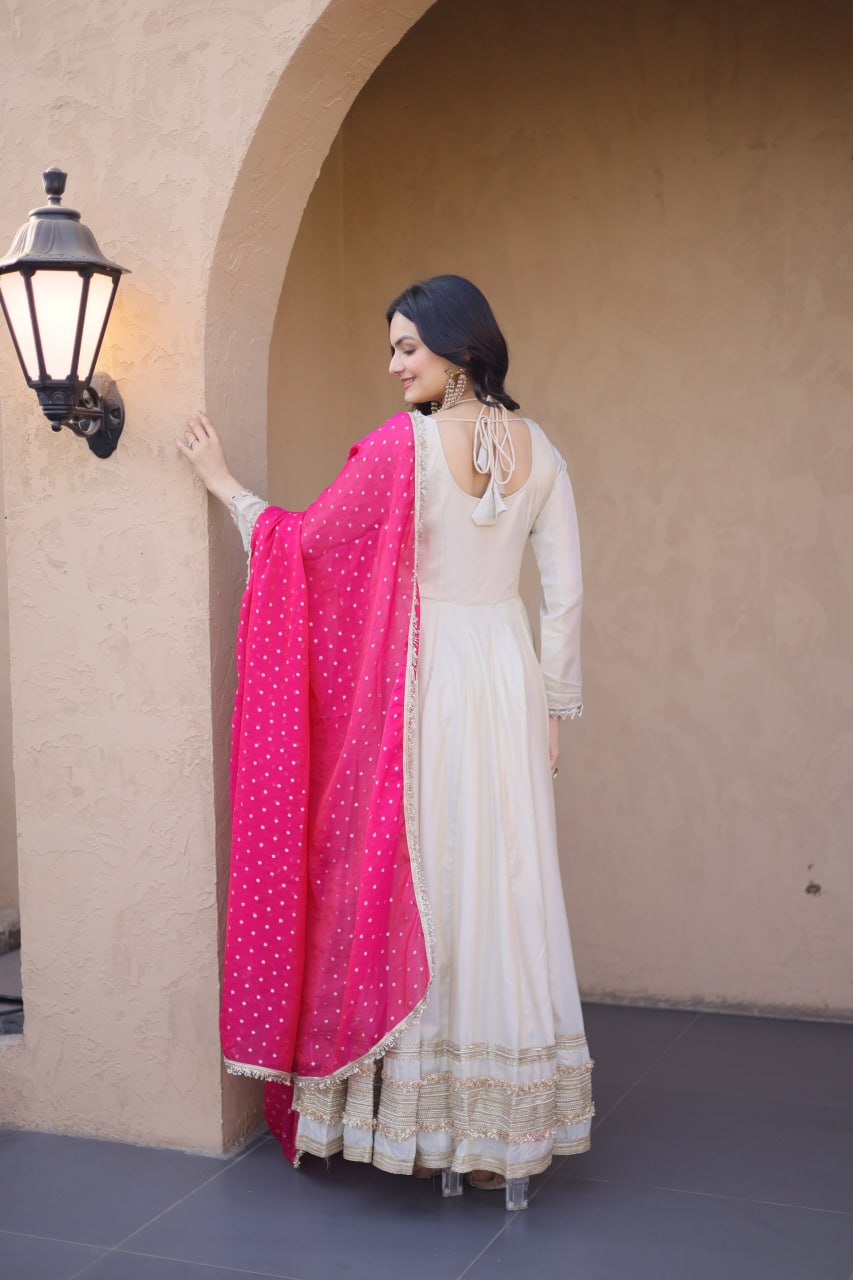 Off White Designer Mirror Work Gown ClothsVilla
