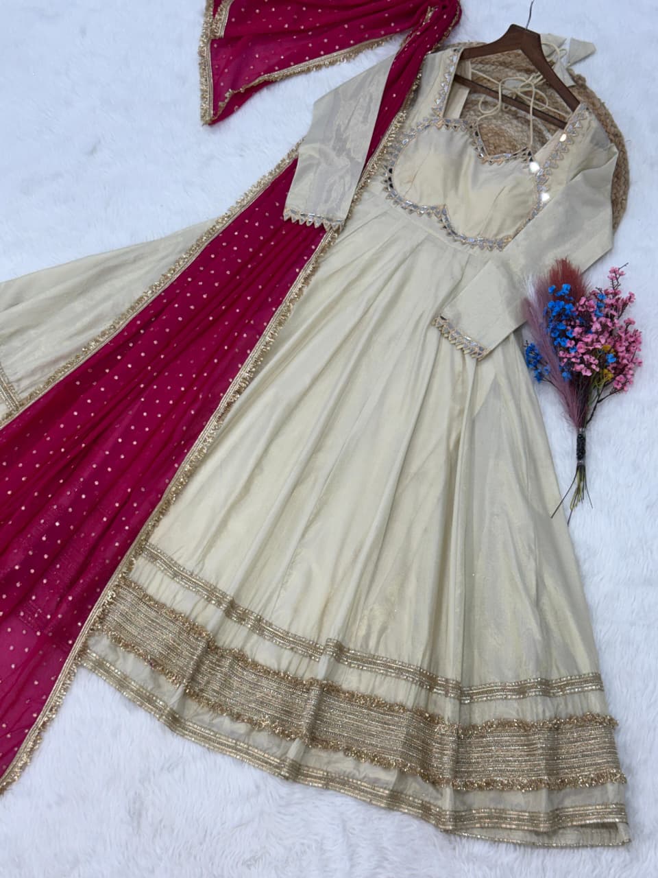 Off White Designer Mirror Work Gown ClothsVilla