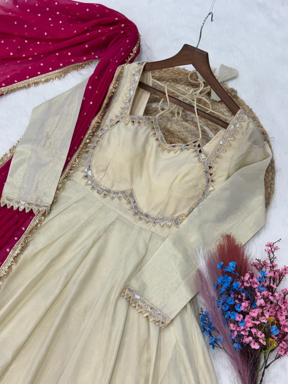 Off White Designer Mirror Work Gown ClothsVilla