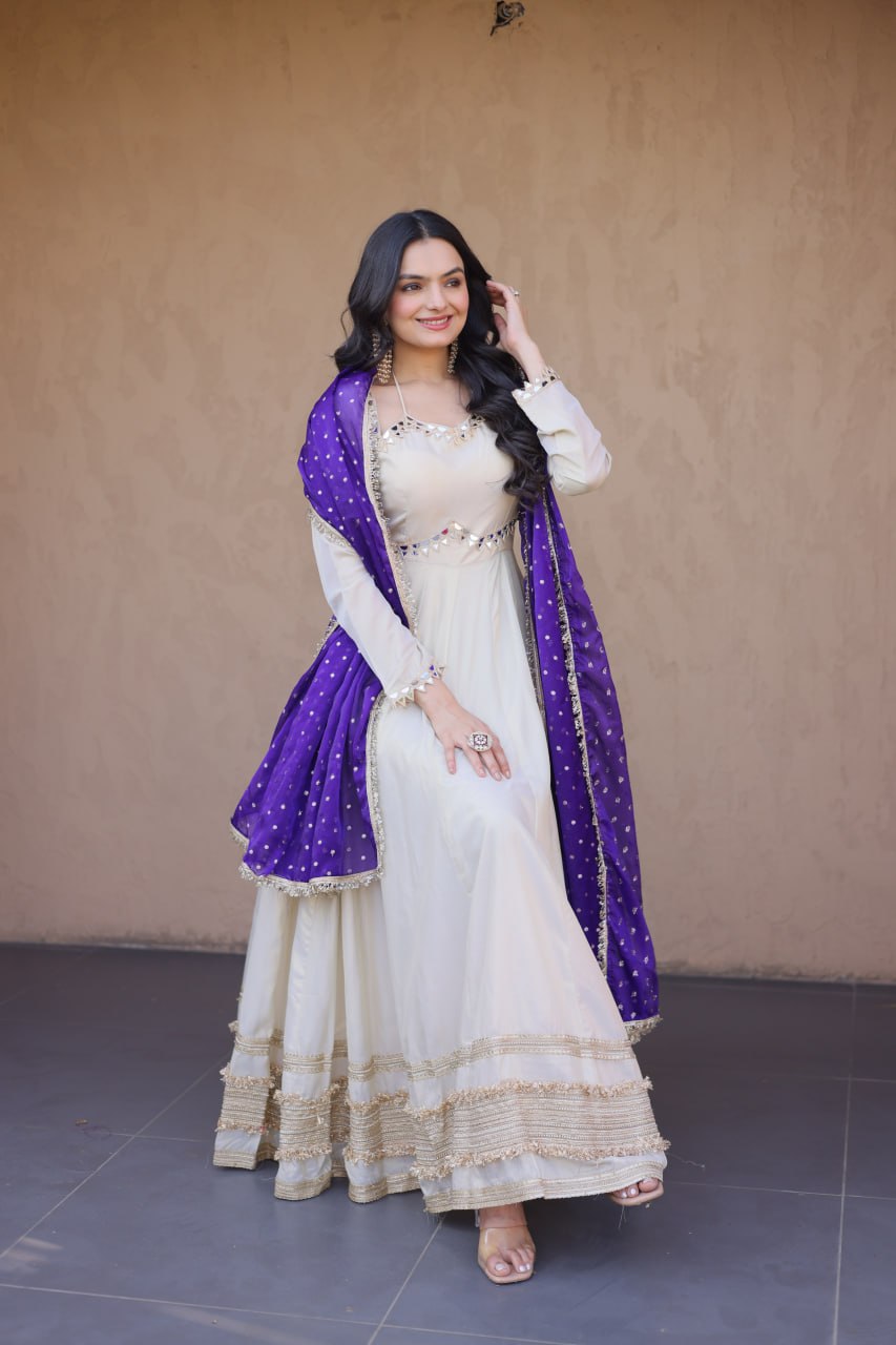 Off White Designer Mirror Work Gown ClothsVilla