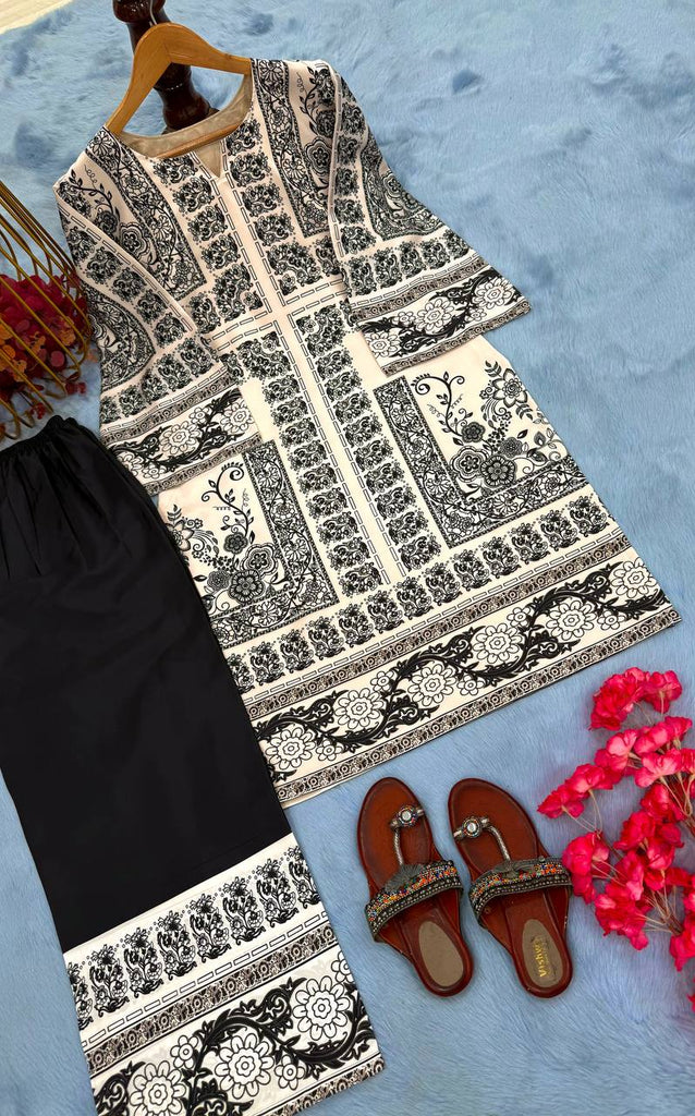 Off White Digital Printed Pure Natural Crepe Kurti with Palazzo Set – Fully Stitched ClothsVilla