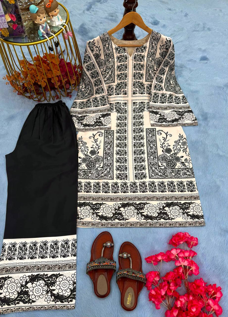 Off White Digital Printed Pure Natural Crepe Kurti with Palazzo Set – Fully Stitched ClothsVilla