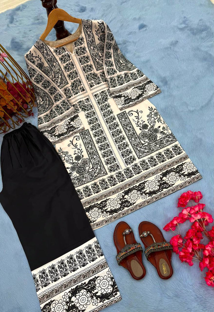 Off White Digital Printed Pure Natural Crepe Kurti with Palazzo Set – Fully Stitched ClothsVilla