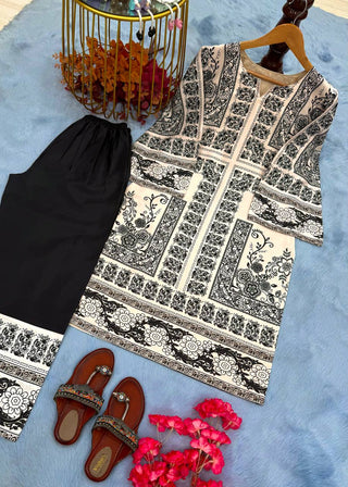 Off White Digital Printed Pure Natural Crepe Kurti with Palazzo Set – Fully Stitched ClothsVilla