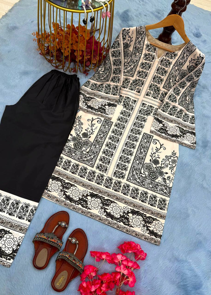 Off White Digital Printed Pure Natural Crepe Kurti with Palazzo Set – Fully Stitched ClothsVilla