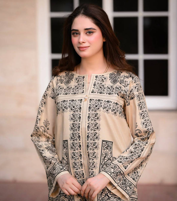Off White Digital Printed Pure Natural Crepe Kurti with Palazzo Set – Fully Stitched ClothsVilla