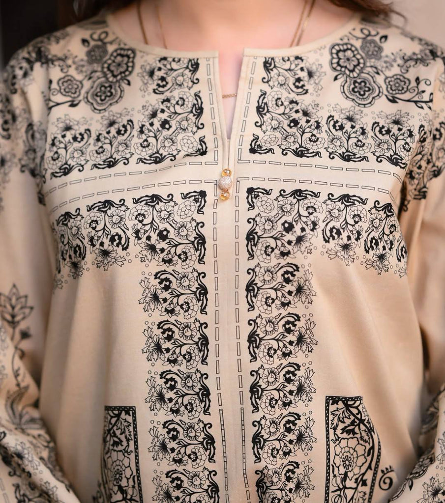 Off White Digital Printed Pure Natural Crepe Kurti with Palazzo Set – Fully Stitched ClothsVilla