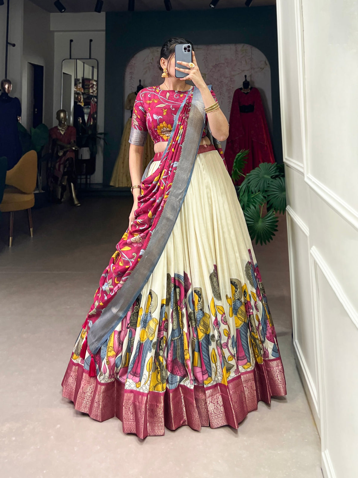 Off White Dola Silk Kalamkari Lehenga Set with Zari Weaving Border Main image