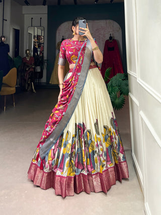 Off White Dola Silk Kalamkari Lehenga Set with Zari Weaving Border