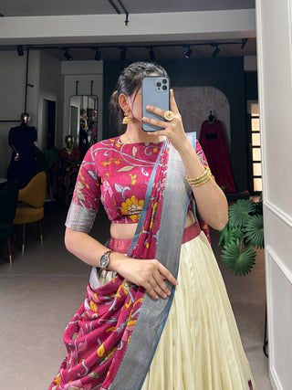 Off White Dola Silk Kalamkari Lehenga Set with Zari Weaving Border