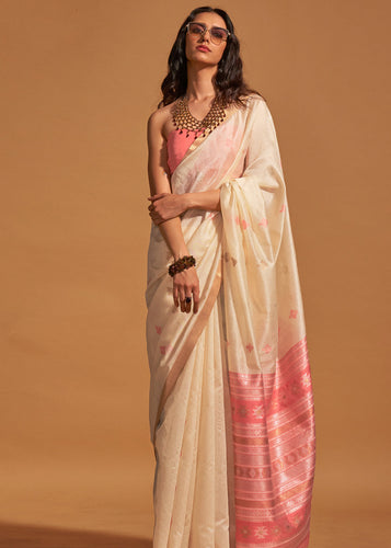 Off White Elegant Banarasi Blended Silk Saree with Intricate Timeless Design – Ideal for Grand Occasions ClothsVilla