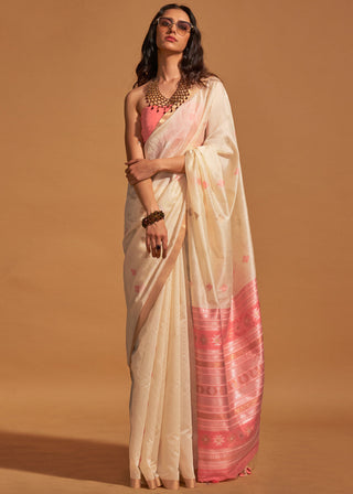 Off White Elegant Banarasi Blended Silk Saree with Intricate Timeless Design – Ideal for Grand Occasions ClothsVilla