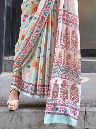 Off White Elegant Bollywood Satin Printed Saree – Party & Festive Wear ClothsVilla