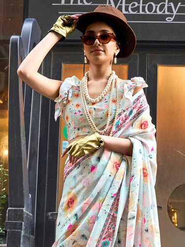 Off White Elegant Bollywood Satin Printed Saree – Party & Festive Wear ClothsVilla