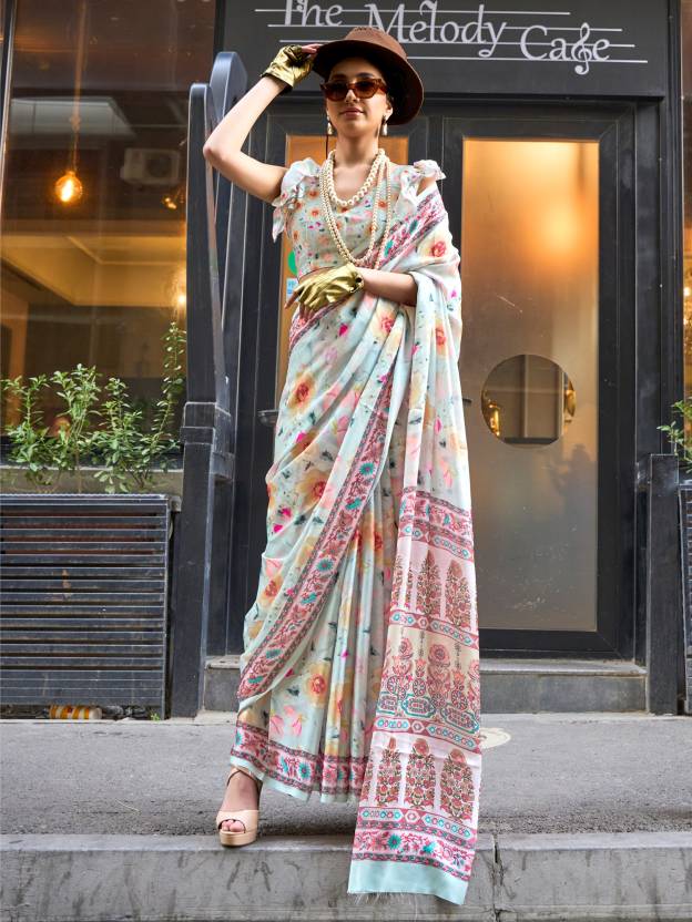 Off White Elegant Bollywood Satin Printed Saree – Party & Festive Wear ClothsVilla Main image