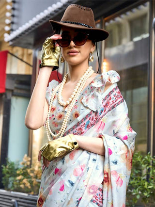 Off White Elegant Bollywood Satin Printed Saree – Party & Festive Wear ClothsVilla