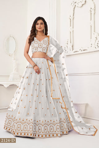 Off White Elegant Butterfly Net Lehenga with Tone-to-Tone Embroidery