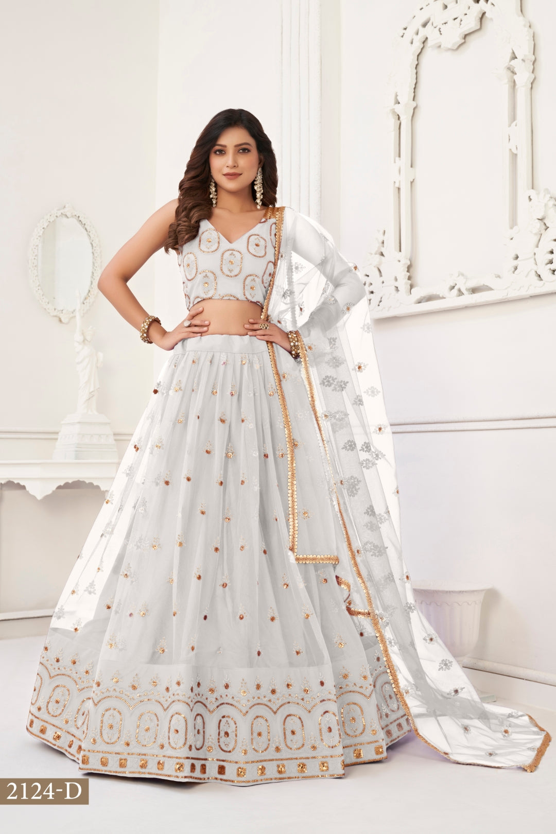Off White Elegant Butterfly Net Lehenga with Tone-to-Tone Embroidery Secondary image