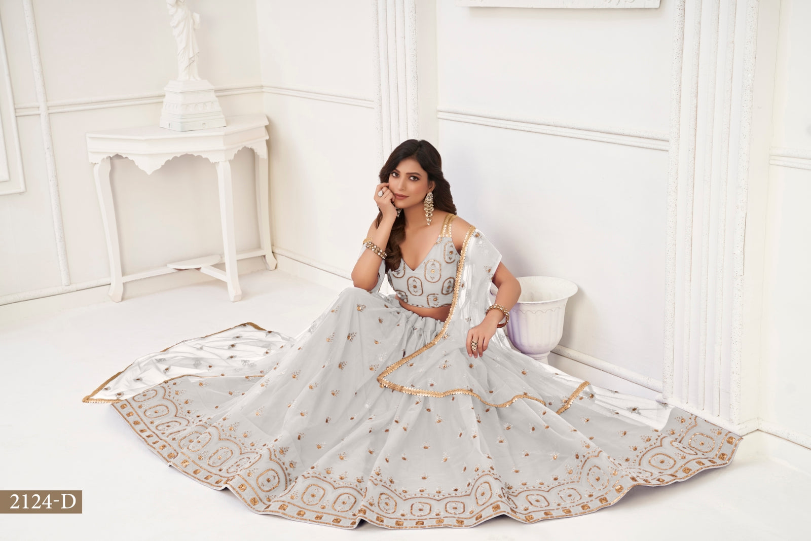 Off White Elegant Butterfly Net Lehenga with Tone-to-Tone Embroidery