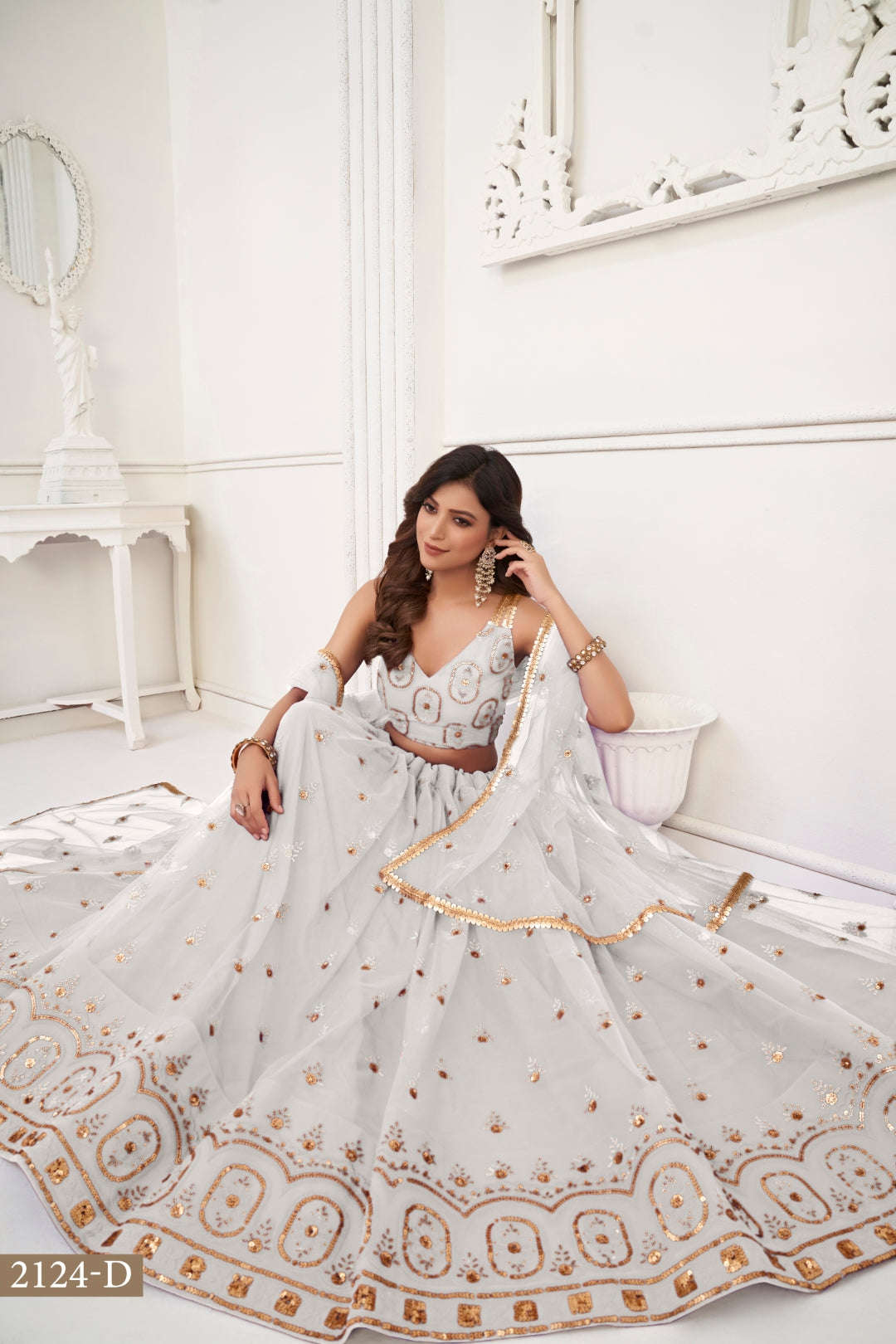Off White Elegant Butterfly Net Lehenga with Tone-to-Tone Embroidery