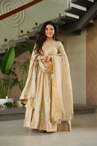 Off White Elegant Chinnon Embroidered Gown with Dupatta – Full Sleeve Premium Partywear Ensemble ClothsVilla