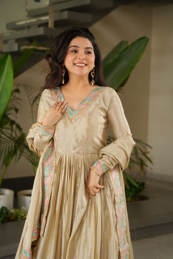 Off White Elegant Chinnon Embroidered Gown with Dupatta – Full Sleeve Premium Partywear Ensemble ClothsVilla