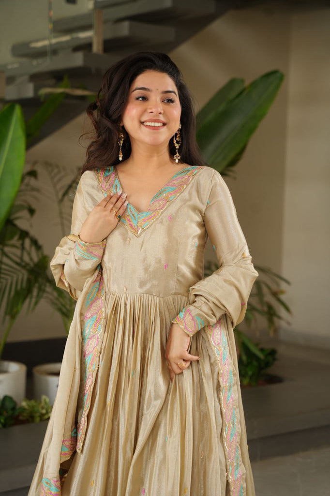 Off White Elegant Chinnon Embroidered Gown with Dupatta – Full Sleeve Premium Partywear Ensemble ClothsVilla