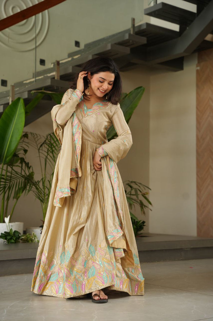 Off White Elegant Chinnon Embroidered Gown with Dupatta – Full Sleeve Premium Partywear Ensemble ClothsVilla