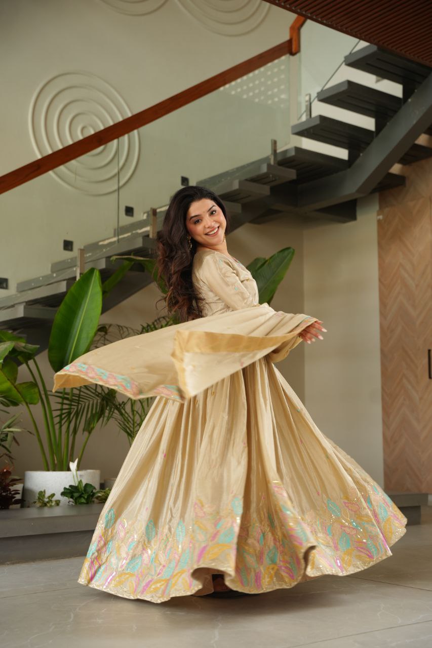 Off White Elegant Chinnon Embroidered Gown with Dupatta – Full Sleeve Premium Partywear Ensemble ClothsVilla