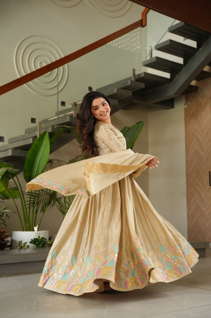 Off White Elegant Chinnon Embroidered Gown with Dupatta – Full Sleeve Premium Partywear Ensemble ClothsVilla