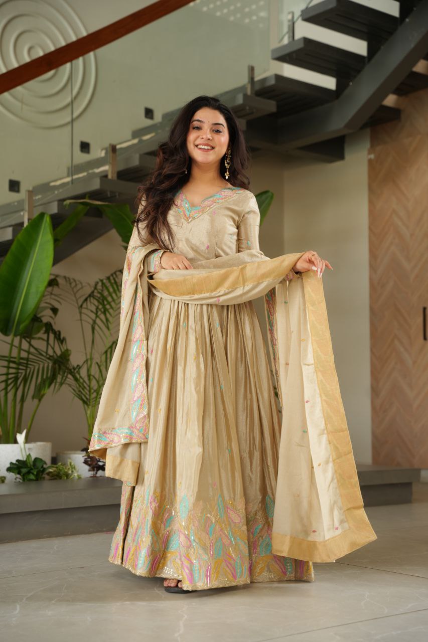 Off White Elegant Chinnon Embroidered Gown with Dupatta – Full Sleeve Premium Partywear Ensemble ClothsVilla