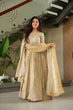 Load image into Gallery viewer, Off White Elegant Chinnon Embroidered Gown with Dupatta – Full Sleeve Premium Partywear Ensemble ClothsVilla