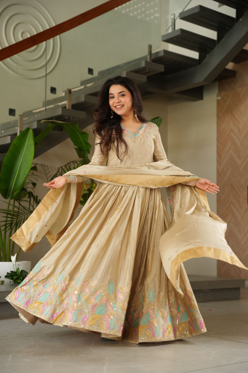 Off White Elegant Chinnon Embroidered Gown with Dupatta – Full Sleeve Premium Partywear Ensemble ClothsVilla