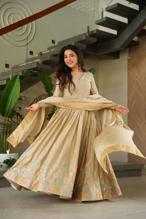Off White Elegant Chinnon Embroidered Gown with Dupatta – Full Sleeve Premium Partywear Ensemble ClothsVilla