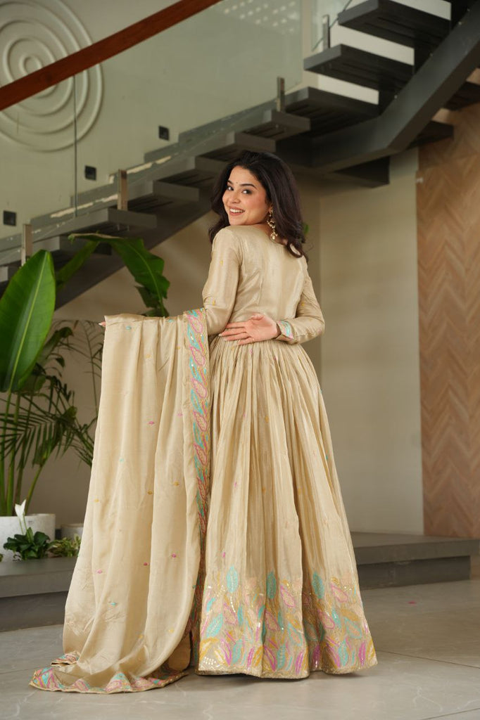 Off White Elegant Chinnon Embroidered Gown with Dupatta – Full Sleeve Premium Partywear Ensemble ClothsVilla