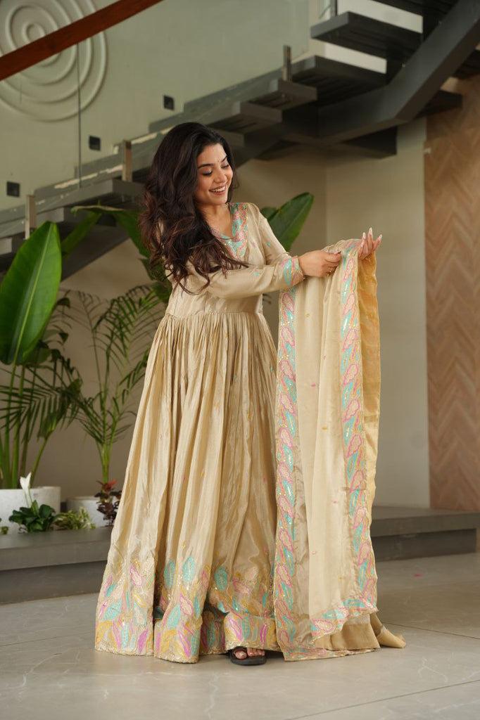 Off White Elegant Chinnon Embroidered Gown with Dupatta – Full Sleeve Premium Partywear Ensemble ClothsVilla