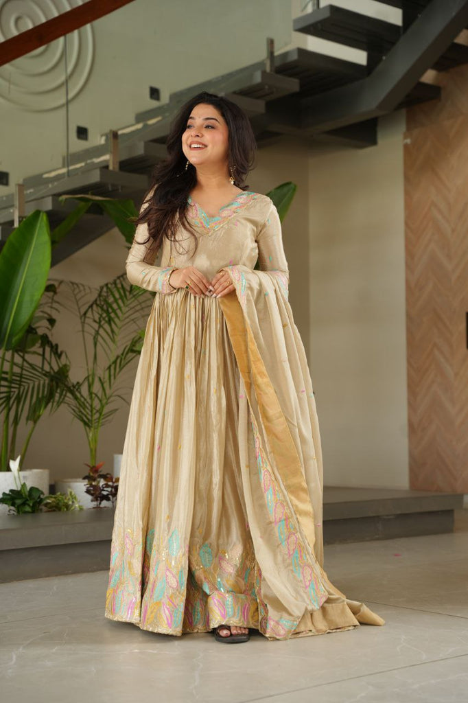 Off White Elegant Chinnon Embroidered Gown with Dupatta – Full Sleeve Premium Partywear Ensemble ClothsVilla
