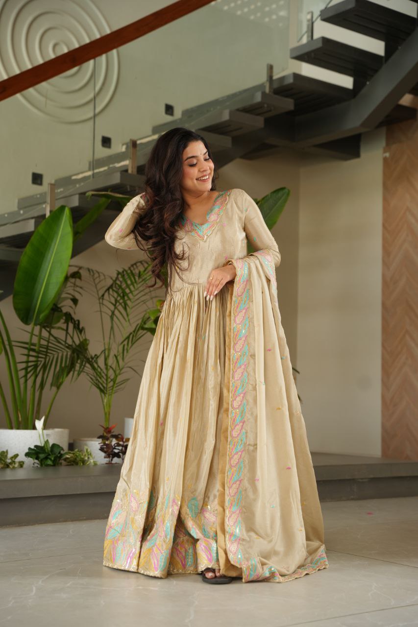 Off White Elegant Chinnon Embroidered Gown with Dupatta – Full Sleeve Premium Partywear Ensemble ClothsVilla